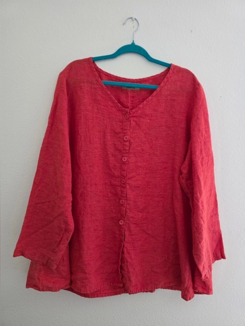 FLAX 100% Linen Button Front Blouse In Red V-Neck Long Sleeve Bust 54" Sz 3G?